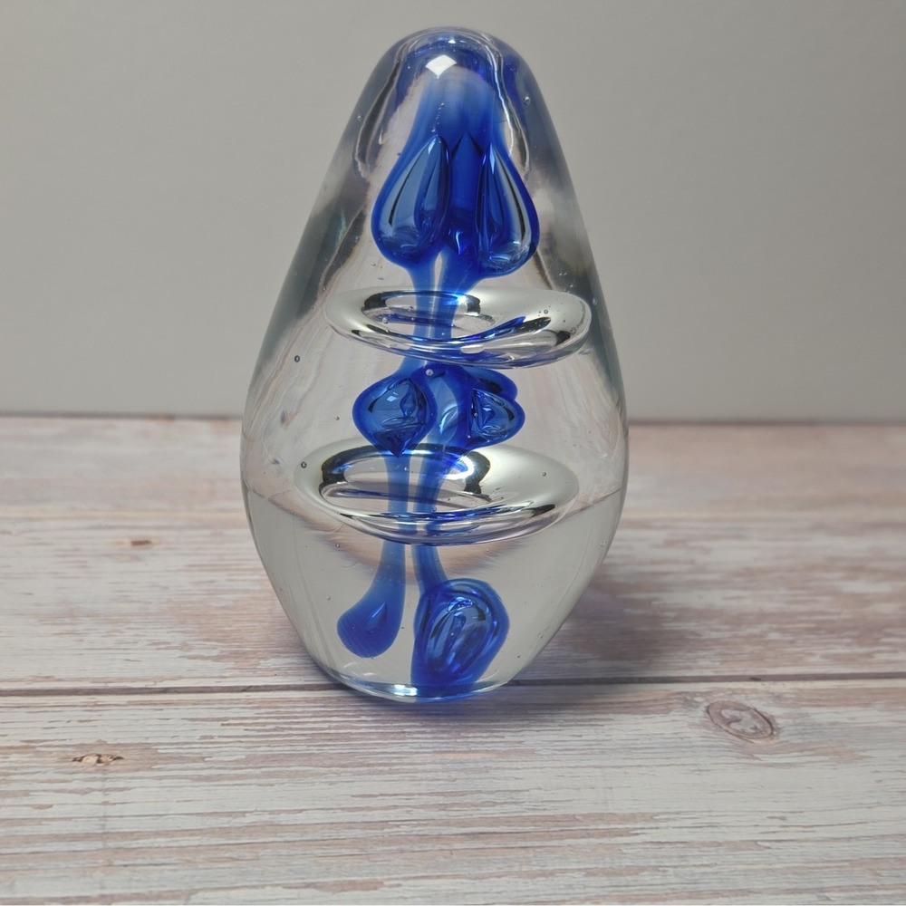 Clear & Blue Art Glass Teardrop Paperweight Decorative Glass
